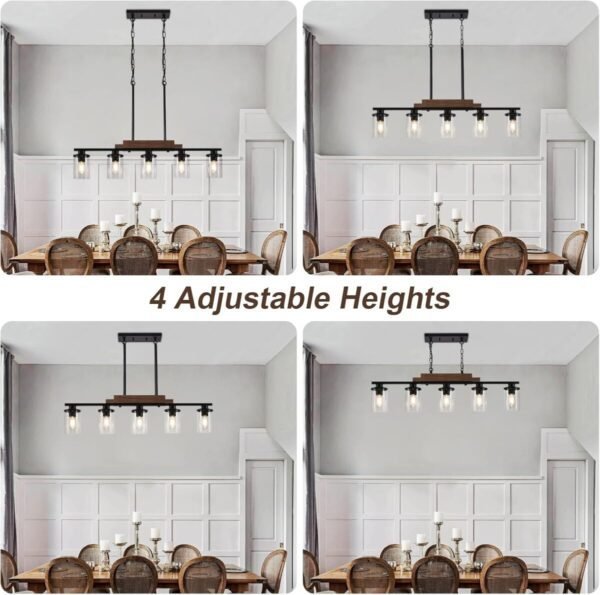 Dining Room Light Fixture Over Table,Farmhouse 5-Light Kitchen Island Lighting, Linear Chandelier with Clear Glass Shades, Modern Rustic Wood Chandelier with Adjustable Height - Image 7