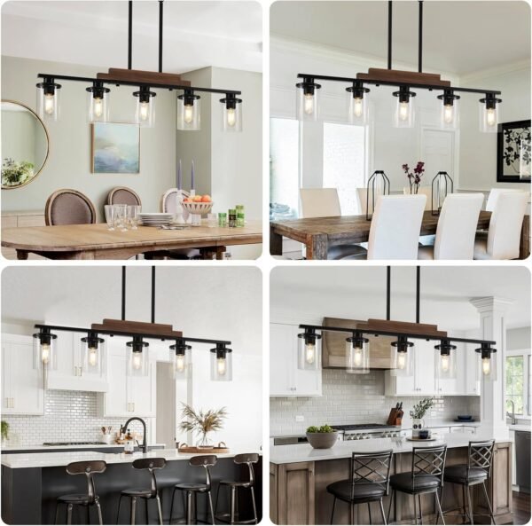 Dining Room Light Fixture Over Table,Farmhouse 5-Light Kitchen Island Lighting, Linear Chandelier with Clear Glass Shades, Modern Rustic Wood Chandelier with Adjustable Height - Image 4