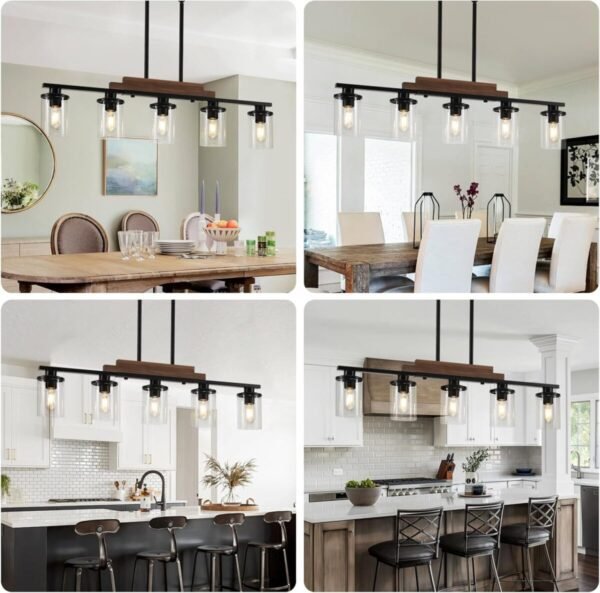 Dining Room Light Fixture Over Table,Farmhouse 5-Light Kitchen Island Lighting, Linear Chandelier with Clear Glass Shades, Modern Rustic Wood Chandelier with Adjustable Height - Image 4