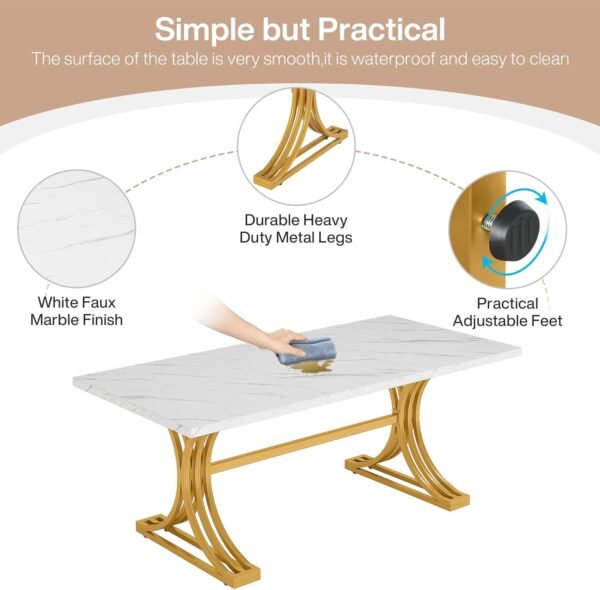 Tribesigns 63-Inch Rectangular Dining Table for 4 to 6, Modern Kitchen Table with Stylish Metal Trestle Legs, Large Dinner Table for Dining Room, Chair Not Included (White+Gold) - Image 6