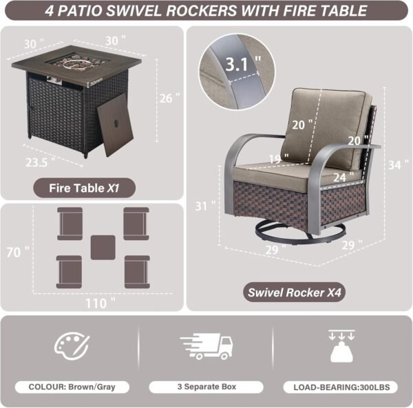 5 Pieces Patio Furniture Set with Fire Pit Table - 4 Outdoor Swivel Rocker Chairs with 50000 BTU Propane Fire Pit Table, Patio Conversation Sets for Outside Backyard Patio Casual Gathering - Image 3