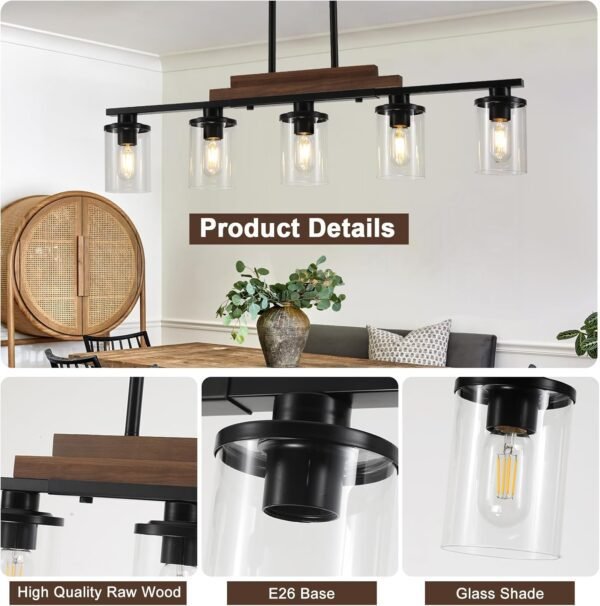 Dining Room Light Fixture Over Table,Farmhouse 5-Light Kitchen Island Lighting, Linear Chandelier with Clear Glass Shades, Modern Rustic Wood Chandelier with Adjustable Height - Image 6