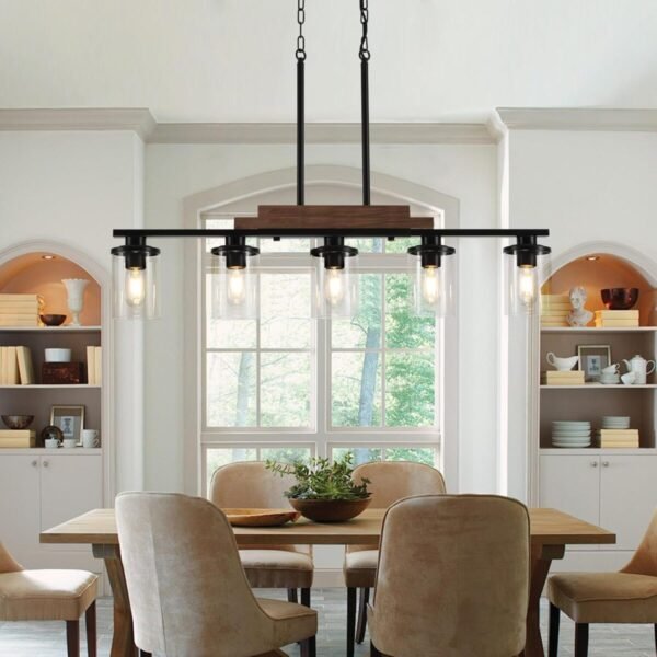 Dining Room Light Fixture Over Table,Farmhouse 5-Light Kitchen Island Lighting, Linear Chandelier with Clear Glass Shades, Modern Rustic Wood Chandelier with Adjustable Height - Image 3