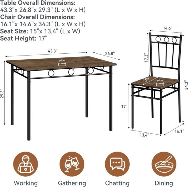 Dining Table Set for 4, 5-Piece Kitchen Table and Chairs, Rectangular Dining Room Table Set with 4 Chairs, Space-Saving Kitchen Table Set for Small Space,Dinette,Apartment,Brown - Image 2