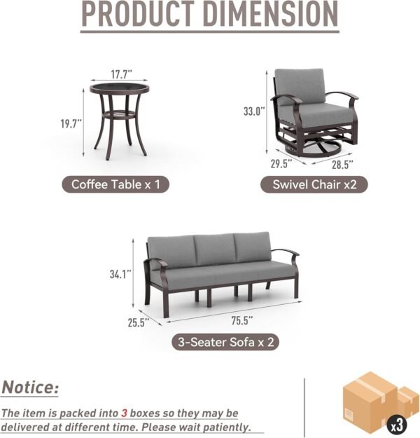 Aluminum Patio Furniture Set 8-Seat Metal Modular Outdoor Patio Conversation Sectional w/Swivel & Rocking Sofas and Coffee Table for Deck,Backyard,Lawn,Grey - Image 4