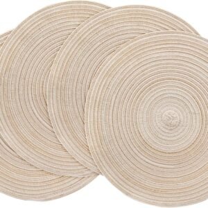 Floroom 15 Inch Round Braided Placemats Set of 4, Washable Heat Resistant Cotton Polyester Circle Place Mats for Kitchen Dining Table - Canvas Beige