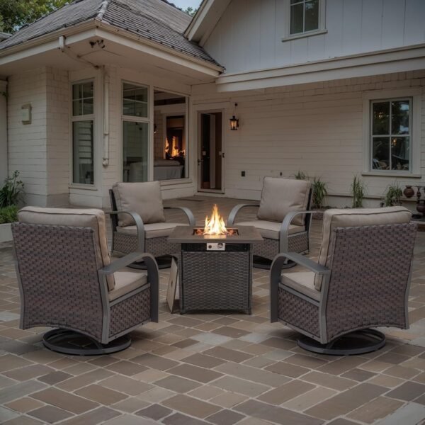 5 Pieces Patio Furniture Set with Fire Pit Table - 4 Outdoor Swivel Rocker Chairs with 50000 BTU Propane Fire Pit Table, Patio Conversation Sets for Outside Backyard Patio Casual Gathering - Image 2