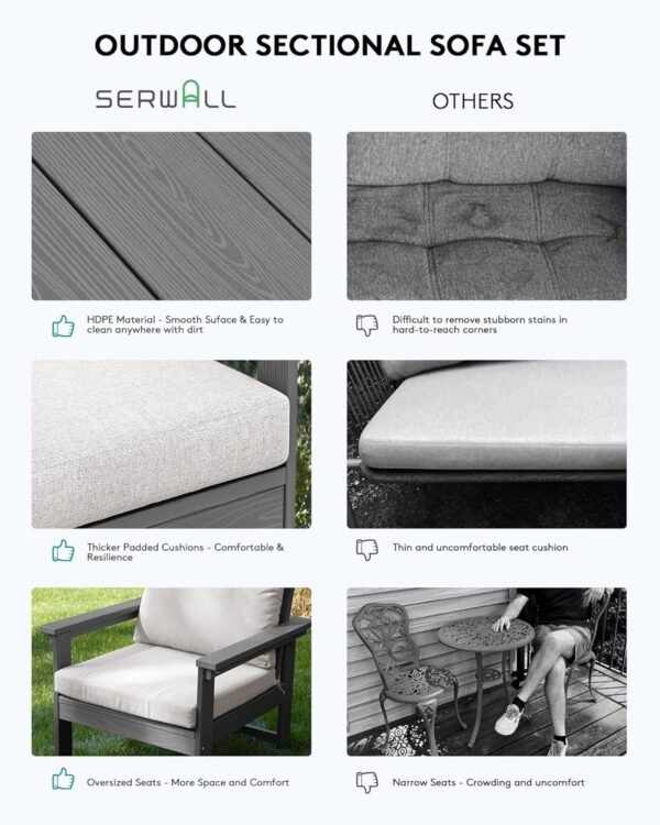 SERWALL HDPE Outdoor Patio Furniture Set, 7-Piece Outdoor Sectional Patio Conversation Set, All Weather Outdoor Couch Set Patio Sofa Set for Deck, Lawn, Grey Frame with Khaki Cushion - Image 6
