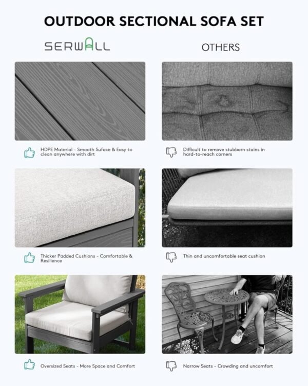 SERWALL HDPE Outdoor Patio Furniture Set, 7-Piece Outdoor Sectional Patio Conversation Set, All Weather Outdoor Couch Set Patio Sofa Set for Deck, Lawn, Grey Frame with Khaki Cushion - Image 6