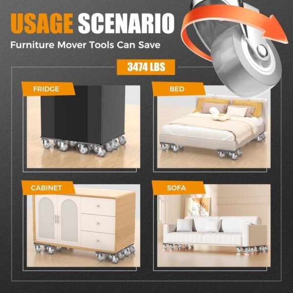 Furniture Dolly,Furniture Mover Pro Set,Furniture Lifter with 5 360° Rotatable Rubber Universal Wheels，Carbon Steel Panel Furniture Movers，Maximum Load 1500LBS. - Image 7