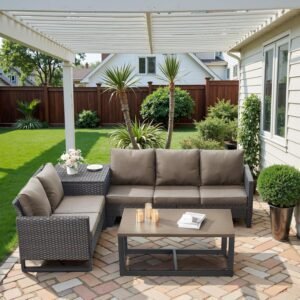 5-Seater Patio Conversation Set - 4 Piece Outdoor Sectional Furniture Set with Large Storage Box and Coffee Table Outdoor Patio Furniture Set for Garden Poolside Backyard Brown