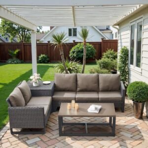 5-Seater Patio Conversation Set - 4 Piece Outdoor Sectional Furniture Set with Large Storage Box and Coffee Table Outdoor Patio Furniture Set for Garden Poolside Backyard Brown