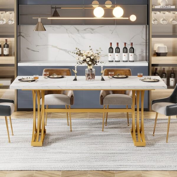 Tribesigns 63-Inch Rectangular Dining Table for 4 to 6, Modern Kitchen Table with Stylish Metal Trestle Legs, Large Dinner Table for Dining Room, Chair Not Included (White+Gold) - Image 4