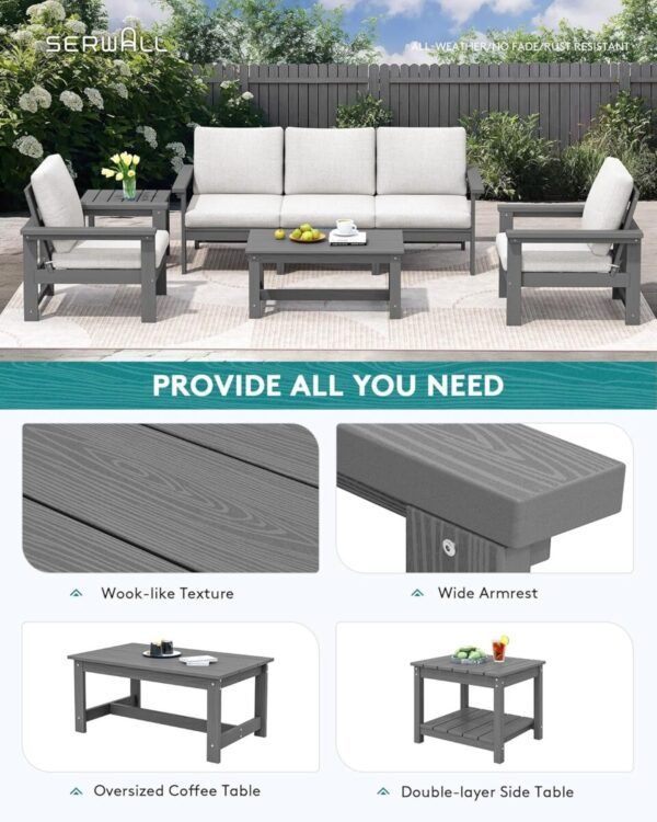 SERWALL HDPE Outdoor Patio Furniture Set, 7-Piece Outdoor Sectional Patio Conversation Set, All Weather Outdoor Couch Set Patio Sofa Set for Deck, Lawn, Grey Frame with Khaki Cushion - Image 7
