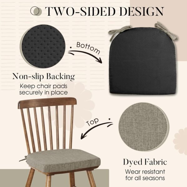 Basic Beyond Chair Cushions for Dining Chairs 6 Pack, Kitchen Chair Cushions with Ties and Non Slip Backing, 16 x 16 inches Chair Pads for Dining Chairs(Khaki) - Image 4
