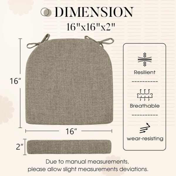 Basic Beyond Chair Cushions for Dining Chairs 6 Pack, Kitchen Chair Cushions with Ties and Non Slip Backing, 16 x 16 inches Chair Pads for Dining Chairs(Khaki) - Image 2