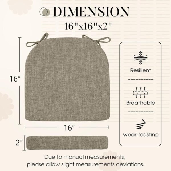 Basic Beyond Chair Cushions for Dining Chairs 6 Pack, Kitchen Chair Cushions with Ties and Non Slip Backing, 16 x 16 inches Chair Pads for Dining Chairs(Khaki) - Image 2
