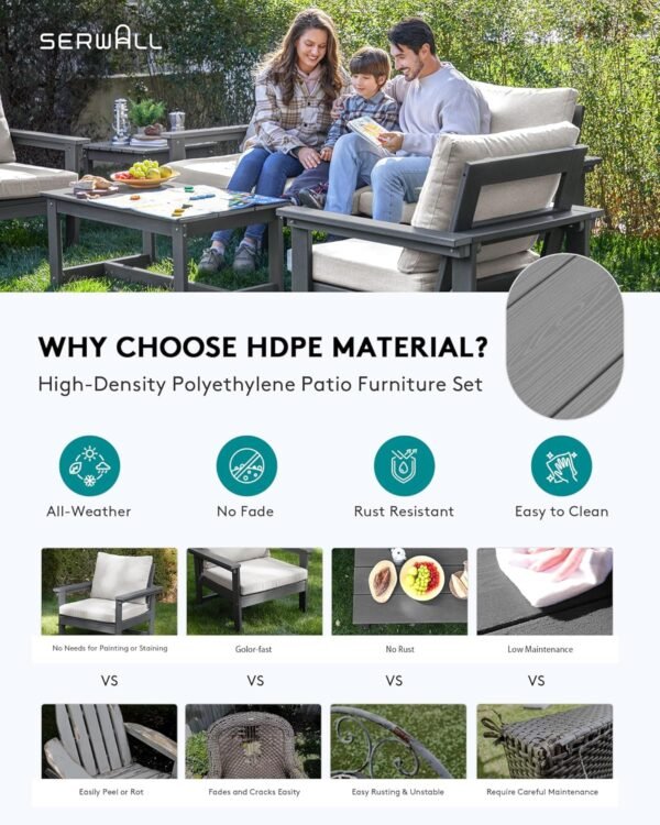 SERWALL HDPE Outdoor Patio Furniture Set, 7-Piece Outdoor Sectional Patio Conversation Set, All Weather Outdoor Couch Set Patio Sofa Set for Deck, Lawn, Grey Frame with Khaki Cushion - Image 4