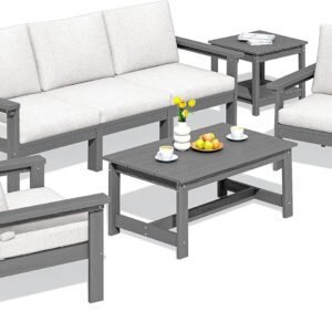 SERWALL HDPE Outdoor Patio Furniture Set, 7-Piece Outdoor Sectional Patio Conversation Set, All Weather Outdoor Couch Set Patio Sofa Set for Deck, Lawn, Grey Frame with Khaki Cushion