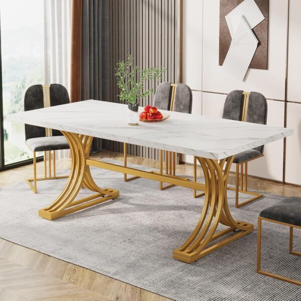 Tribesigns 63-Inch Rectangular Dining Table for 4 to 6, Modern Kitchen Table with Stylish Metal Trestle Legs, Large Dinner Table for Dining Room, Chair Not Included (White+Gold) - Image 2