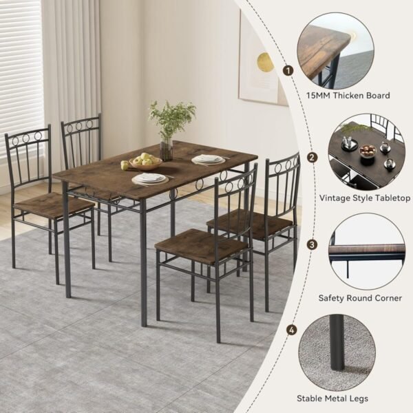 Dining Table Set for 4, 5-Piece Kitchen Table and Chairs, Rectangular Dining Room Table Set with 4 Chairs, Space-Saving Kitchen Table Set for Small Space,Dinette,Apartment,Brown - Image 4