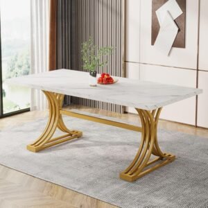 Tribesigns 63-Inch Rectangular Dining Table for 4 to 6, Modern Kitchen Table with Stylish Metal Trestle Legs, Large Dinner Table for Dining Room, Chair Not Included (White+Gold)