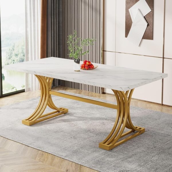 Tribesigns 63-Inch Rectangular Dining Table for 4 to 6, Modern Kitchen Table with Stylish Metal Trestle Legs, Large Dinner Table for Dining Room, Chair Not Included (White+Gold)
