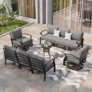 Aluminum Patio Furniture Set 8-Seat Metal Modular Outdoor Patio Conversation Sectional w/Swivel & Rocking Sofas and Coffee Table for Deck,Backyard,Lawn,Grey