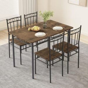 Dining Table Set for 4, 5-Piece Kitchen Table and Chairs, Rectangular Dining Room Table Set with 4 Chairs, Space-Saving Kitchen Table Set for Small Space,Dinette,Apartment,Brown