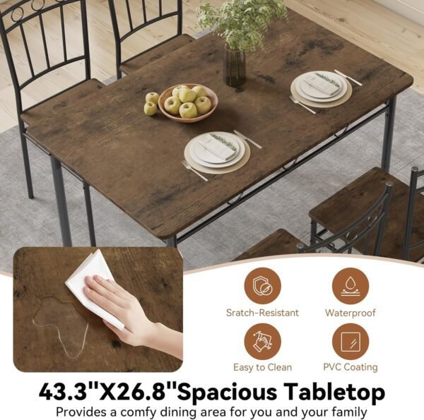 Dining Table Set for 4, 5-Piece Kitchen Table and Chairs, Rectangular Dining Room Table Set with 4 Chairs, Space-Saving Kitchen Table Set for Small Space,Dinette,Apartment,Brown - Image 5