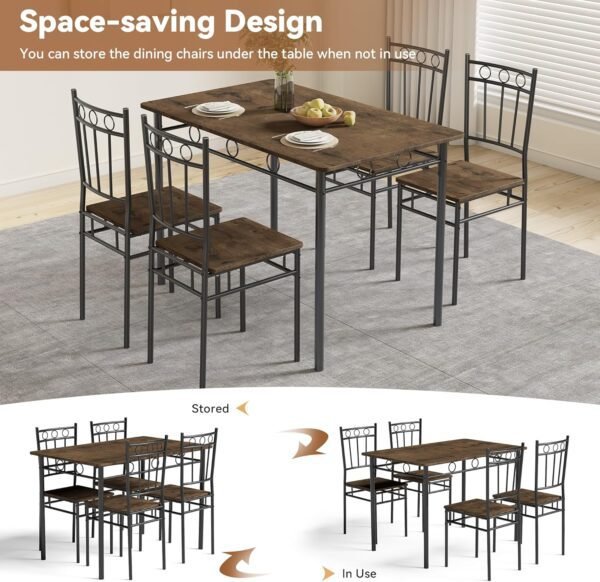 Dining Table Set for 4, 5-Piece Kitchen Table and Chairs, Rectangular Dining Room Table Set with 4 Chairs, Space-Saving Kitchen Table Set for Small Space,Dinette,Apartment,Brown - Image 6