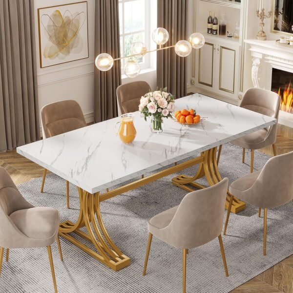 Tribesigns 63-Inch Rectangular Dining Table for 4 to 6, Modern Kitchen Table with Stylish Metal Trestle Legs, Large Dinner Table for Dining Room, Chair Not Included (White+Gold) - Image 3