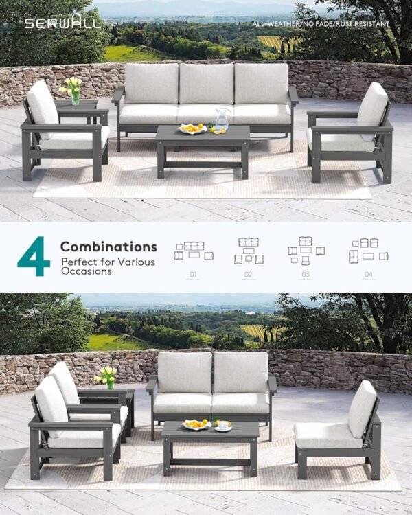 SERWALL HDPE Outdoor Patio Furniture Set, 7-Piece Outdoor Sectional Patio Conversation Set, All Weather Outdoor Couch Set Patio Sofa Set for Deck, Lawn, Grey Frame with Khaki Cushion - Image 8