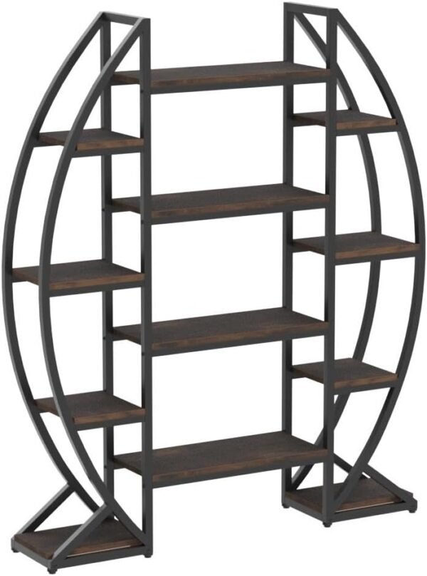 Tribesigns Oval Bookshelf, Triple Wide 5 Tier Etagere Bookcase, Industrial Display Shelves for Living Room (Brown, 55") - Image 5