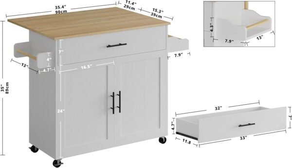 IRONCK Rolling Kitchen Island Table on Wheels with Drop Leaf, Storage Cabinet, Drawer, Spice/Towel Rack, Kitchen Cart, 47.25" Wide White - Image 5