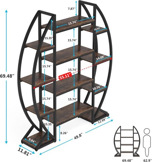 Tribesigns Oval Bookshelf, Triple Wide 5 Tier Etagere Bookcase, Industrial Display Shelves for Living Room (Brown, 55") - Image 2