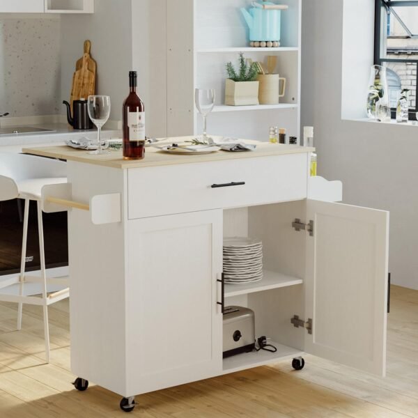 IRONCK Rolling Kitchen Island Table on Wheels with Drop Leaf, Storage Cabinet, Drawer, Spice/Towel Rack, Kitchen Cart, 47.25" Wide White - Image 2