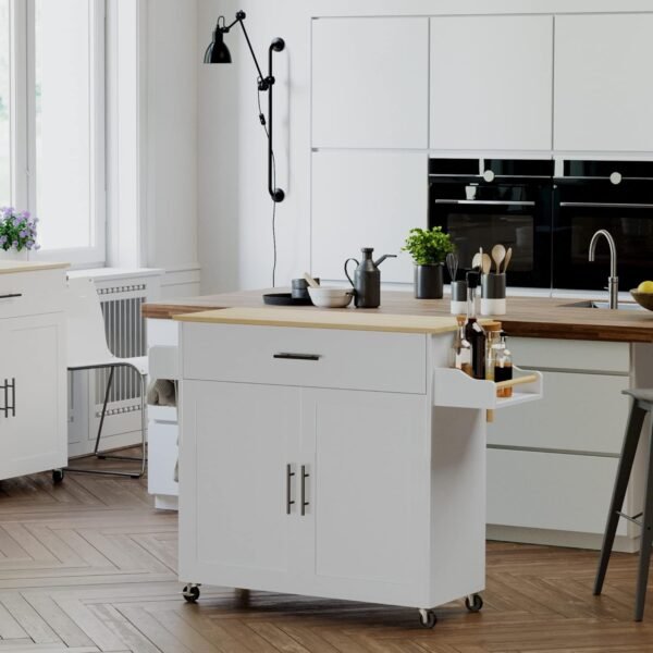 IRONCK Rolling Kitchen Island Table on Wheels with Drop Leaf, Storage Cabinet, Drawer, Spice/Towel Rack, Kitchen Cart, 47.25" Wide White - Image 8