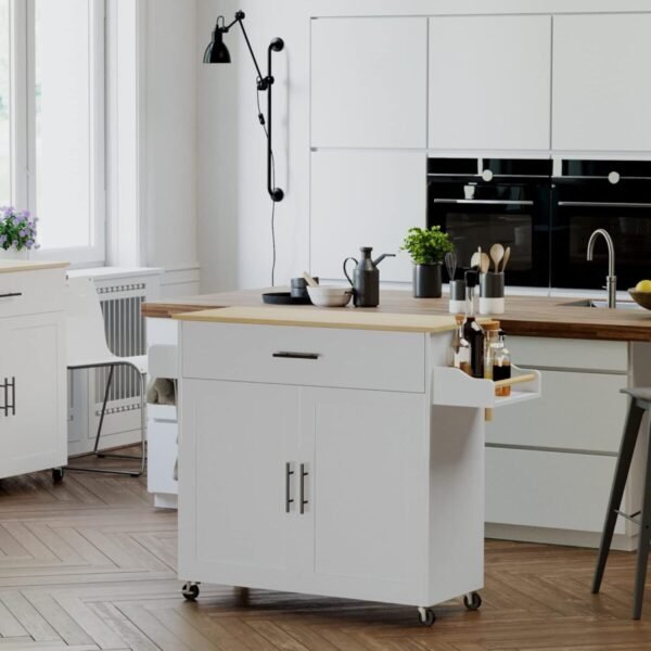 IRONCK Rolling Kitchen Island Table on Wheels with Drop Leaf, Storage Cabinet, Drawer, Spice/Towel Rack, Kitchen Cart, 47.25" Wide White - Image 8