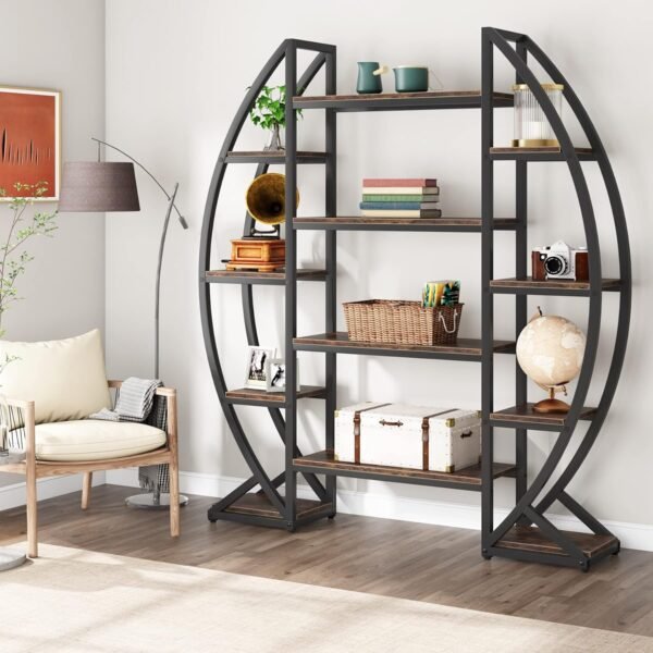 Tribesigns Oval Bookshelf, Triple Wide 5 Tier Etagere Bookcase, Industrial Display Shelves for Living Room (Brown, 55") - Image 3