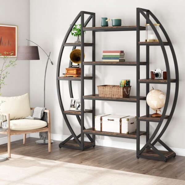 Tribesigns Oval Bookshelf, Triple Wide 5 Tier Etagere Bookcase, Industrial Display Shelves for Living Room (Brown, 55") - Image 3