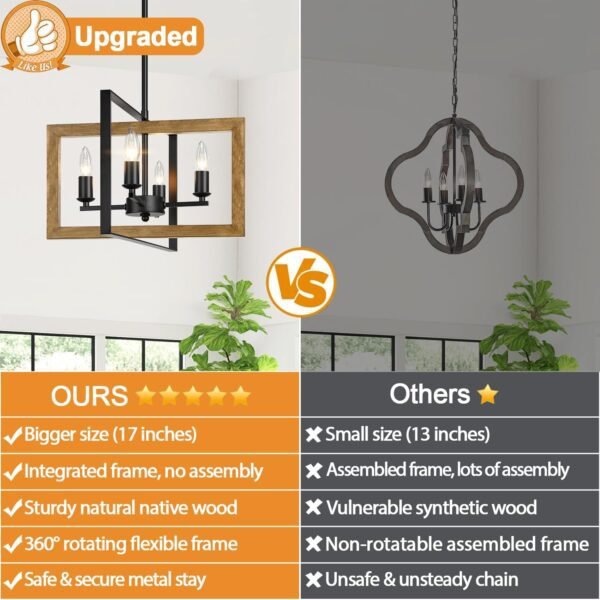17" Farmhouse Chandelier, 4-Light Rustic Chandelier for Dining Room Light Fixture, Adjustable Wood Hanging Light Fixture for Living Room, Kitchen, Foyer, Bedroom and Entryway - Image 2