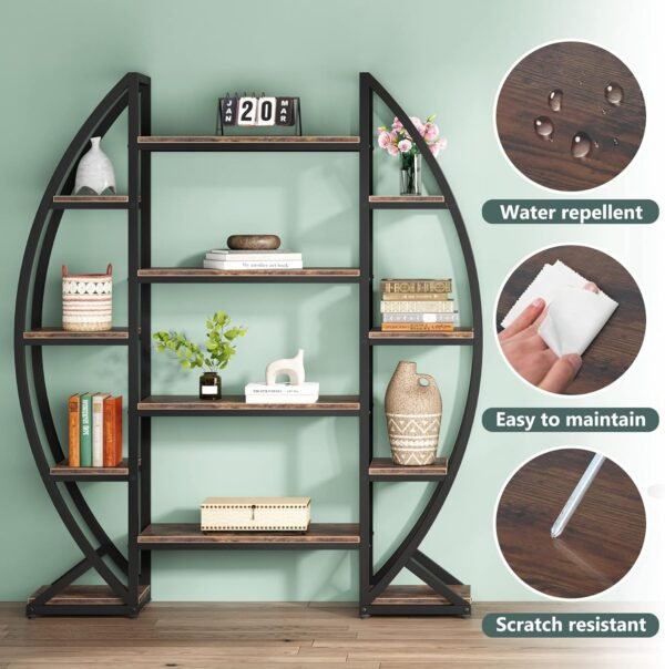 Tribesigns Oval Bookshelf, Triple Wide 5 Tier Etagere Bookcase, Industrial Display Shelves for Living Room (Brown, 55") - Image 6