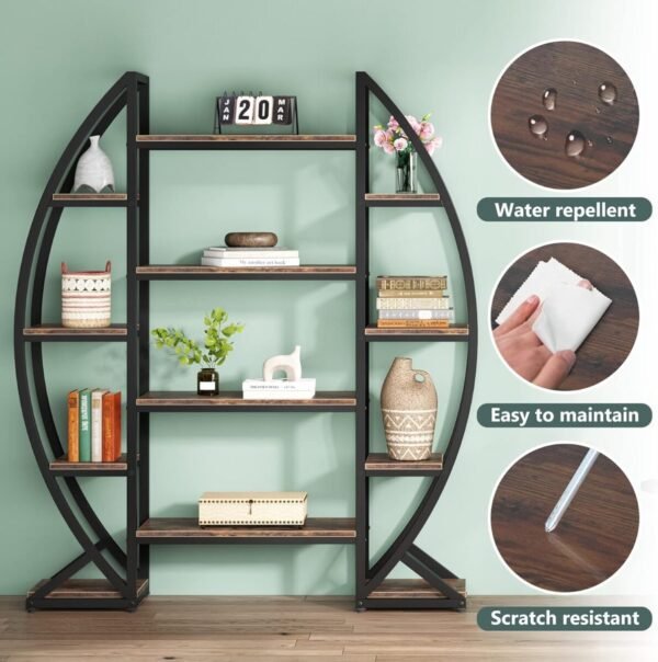 Tribesigns Oval Bookshelf, Triple Wide 5 Tier Etagere Bookcase, Industrial Display Shelves for Living Room (Brown, 55") - Image 6