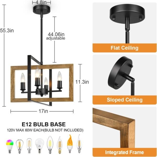 17" Farmhouse Chandelier, 4-Light Rustic Chandelier for Dining Room Light Fixture, Adjustable Wood Hanging Light Fixture for Living Room, Kitchen, Foyer, Bedroom and Entryway - Image 7