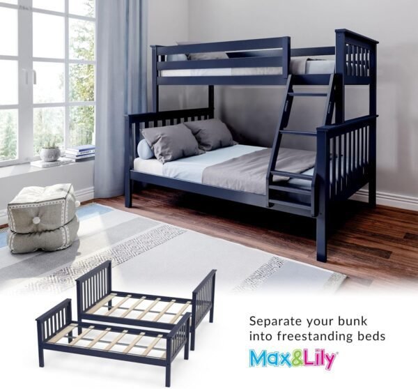 Max & Lily Bunk Bed Twin Over Full Size with Ladder, Solid Wood Platform Bed Frame with Ladder for Kids, 14" Safety Guardrails, Easy Assembly, No Box Spring Needed, Blue - Image 6