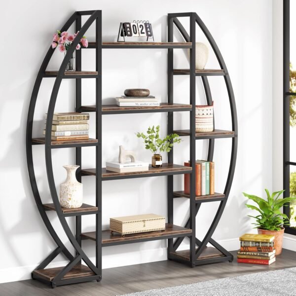 Tribesigns Oval Bookshelf, Triple Wide 5 Tier Etagere Bookcase, Industrial Display Shelves for Living Room (Brown, 55") - Image 7