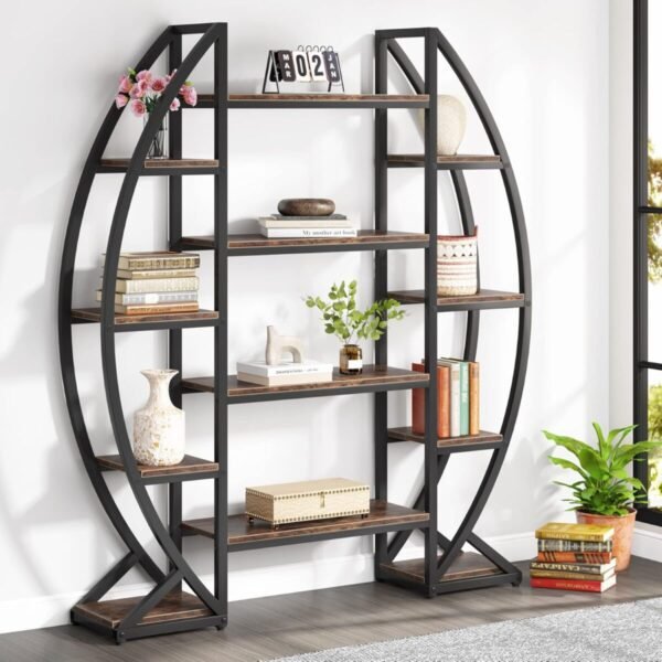 Tribesigns Oval Bookshelf, Triple Wide 5 Tier Etagere Bookcase, Industrial Display Shelves for Living Room (Brown, 55") - Image 7