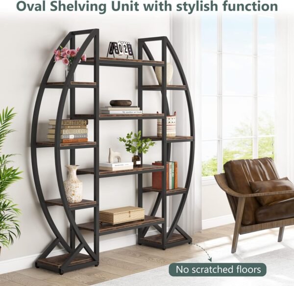 Tribesigns Oval Bookshelf, Triple Wide 5 Tier Etagere Bookcase, Industrial Display Shelves for Living Room (Brown, 55") - Image 8