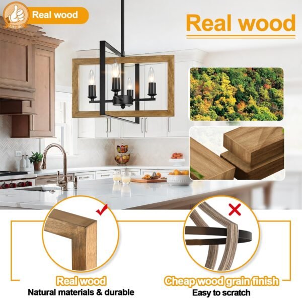 17" Farmhouse Chandelier, 4-Light Rustic Chandelier for Dining Room Light Fixture, Adjustable Wood Hanging Light Fixture for Living Room, Kitchen, Foyer, Bedroom and Entryway - Image 6